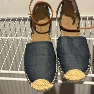 Denim with leather ankle strap flats